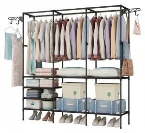 Cuier multifunctional 175 cm, 3 rafturi rezistente la apă, 8 cârlige, negru