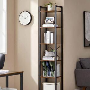Raft tip biblioteca cu 6 etaje, cadru metalic si polite din lemn, 30x40x187 cm, stil industrial maro rustic-negru