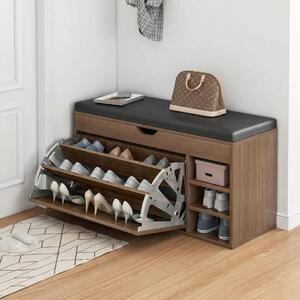 Dulap pentru pantofi tip bancheta cu Rafturi, Alb/Maro, 80 x 34 x 50 cm