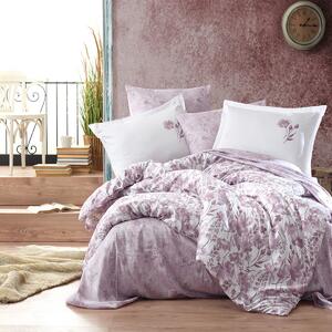 Lenjerie premium Lux Satin 100% Bumbac 4 piese king size 240 x 260 cm, Flori, Roz Mov, Clasy OLAVA V1