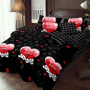 Lenjerie de pat dublu bumbac Finet 6 piese 220 x 240 cm, Inimi, Rosu Negru, Ralex Pucioasa M142