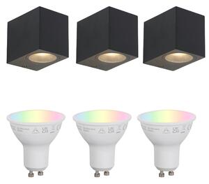 Set de 3 Aplice de Perete Inteligente Negre GU10 50mm IP44 - Baleno