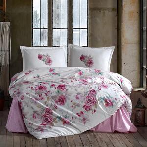 Lenjerie de pat dublu Bumbac 100% Ranforce 4 piese king size 240 x 260 cm, Flori, Alb / Roz, Clasy DESIMA