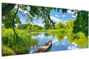 Tablou cu râu de vară și barcă (120x50 cm)
