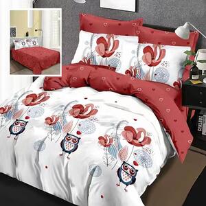 Lenjerie de pat dublu bumbac Finet 6 piese 220 x 240 cm, Bufnite, Alb Rosu, Ralex Pucioasa M247