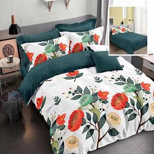Lenjerie de pat dublu bumbac Finet 6 piese 220 x 240 cm, Motiv floral, Alb Verde, Ralex Pucioasa M236