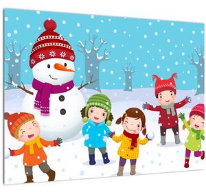 Tablou pe sticlă - Bucurii de iarnă pentru copii (70x50 cm)