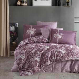 Lenjerie premium Lux Satin 100% Bumbac 4 piese king size 240 x 260 cm, Motiv floral, Mov, Clasy MONICA V1