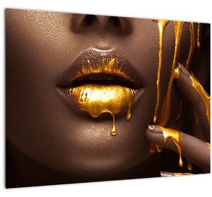 Tablou pe sticlă - Femeie cu buze aurii (70x50 cm)