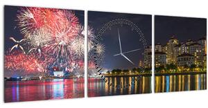 Tablou cu artificii in Singapur (cu ceas) (90x30 cm)