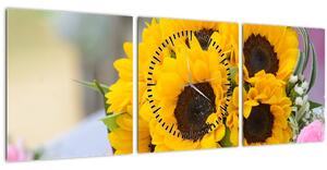 Tablou cu buchetul miresii de floarea soarelui (cu ceas) (90x30 cm)