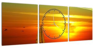 Tablou cu apus de soare și iaht (cu ceas) (90x30 cm)
