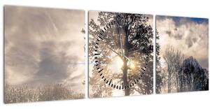 Tablou cu copac în ceață (cu ceas) (90x30 cm)