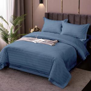 Lenjerie de pat dublu XXL Damasc Policoton dunga 1 cm, cearsaf pat 230x260 cm, pilota 200x230 cm, 4 piese Bleu IMP11, Pucioasa