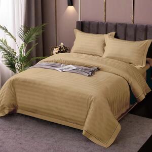 Lenjerie de pat dublu XXL Damasc Policoton dunga 1 cm, cearsaf pat 230x260 cm, pilota 200x230 cm, 4 piese Cappuccino IMP10, Pucioasa