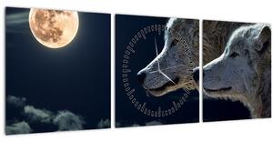 Tablou cu lupi în lună (cu ceas) (90x30 cm)