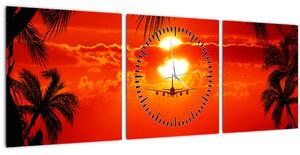 Tablou - apus de soare cu avion (cu ceas) (90x30 cm)