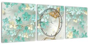 Tablou cu flori și fluturi (cu ceas) (90x30 cm)