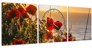 Tablou cu apus de soare cu flori de maci (cu ceas) (90x30 cm)