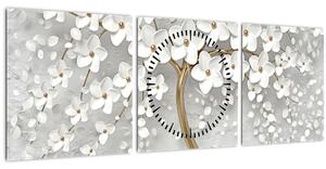 Tablou cu copac alb cu flori (cu ceas) (90x30 cm)