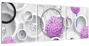 Tablou cu abstracție 3D cu cercuri și flori (cu ceas) (90x30 cm)