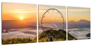 Tablou cu munți în apus de soare (cu ceas) (90x30 cm)