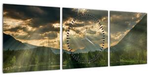 Tablou cu lac și soarele translucid (cu ceas) (90x30 cm)