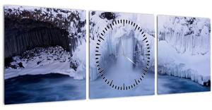 Tablou cu cascadele iarna (cu ceas) (90x30 cm)