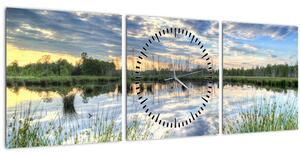 Tablou cu lac și trestie (cu ceas) (90x30 cm)