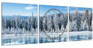 Tablou cu lacul înghețat și copacii înzăpeziți (cu ceas) (90x30 cm)