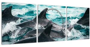 Tablou - Delfini în ocean (cu ceas) (90x30 cm)