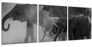 Tablou cu elefanți - albnegru (cu ceas) (90x30 cm)