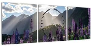 Tablou - scenariu cu flori de Lupin (cu ceas) (90x30 cm)