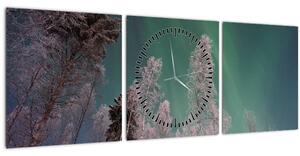Tablou cu aurora borealis deasupra pomilor înghețați (cu ceas) (90x30 cm)
