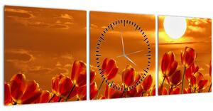 Tablou - lan înflorit de lalele (cu ceas) (90x30 cm)