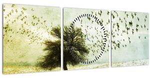 Tablou - cu multe păsări pictate (cu ceas) (90x30 cm)
