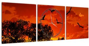 Tablou cu păsări în apus de soare (cu ceas) (90x30 cm)