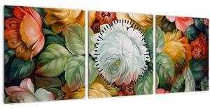 Tablou cu buchet pictat de flori (cu ceas) (90x30 cm)