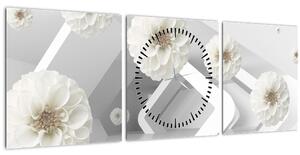 Tablou abstract cu flori albe (cu ceas) (90x30 cm)
