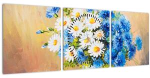 Tablou pictat cu vaza și flori (cu ceas) (90x30 cm)