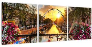 Tablou - Răsărit de soare la Amsterdam (cu ceas) (90x30 cm)