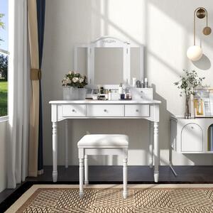 SEA257 - Set Masa Alba toaleta, 105 cm, cosmetica machiaj oglinda masuta, scaunel taburet tapitat