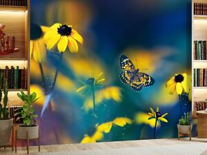 Fototapet - Flori galbene cu fluture (147x102 cm)