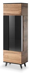 Raft Luelia 112, Stejar Wotan, Negru, Sticlă călită, MDF, PAL laminat, 182x60x40cm, 46 kg