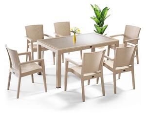 Set mobilier gradina - terasa, masa cu geam 90x150cm cu 6 scaune ratan, Elite, cappuccino