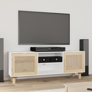 Comodă TV, alb, 105x30x40 cm lemn masiv pin și ratan natural