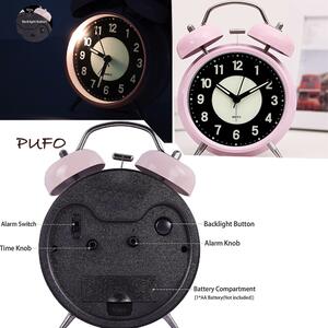 Ceas de masa desteptator Pufo Twinkle cu buton de iluminare cadran, metalic, 15 cm, roz