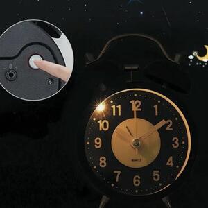 Ceas de masa desteptator Pufo Twinkle cu buton de iluminare cadran, metalic, 15 cm, negru