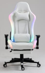 Scaun gaming cu sistem iluminare bandă LED RGB, masaj în perna lombară, suport picioare, funcție șezlong, 90-180 grade, Alb