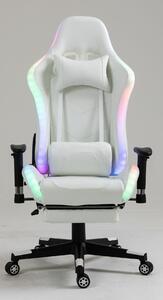 Scaun gaming cu sistem iluminare bandă LED RGB, masaj în perna lombară, suport picioare, funcție șezlong, 90-180 grade, piele ecologica Premium, Alb